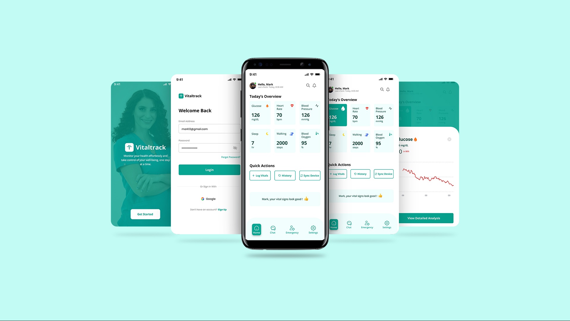 Vitaltrack HealthTech brand identity and mobile app UI design by LastPrice Marketing.